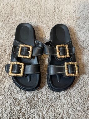 Black Slide Sandals with Gold Buckles